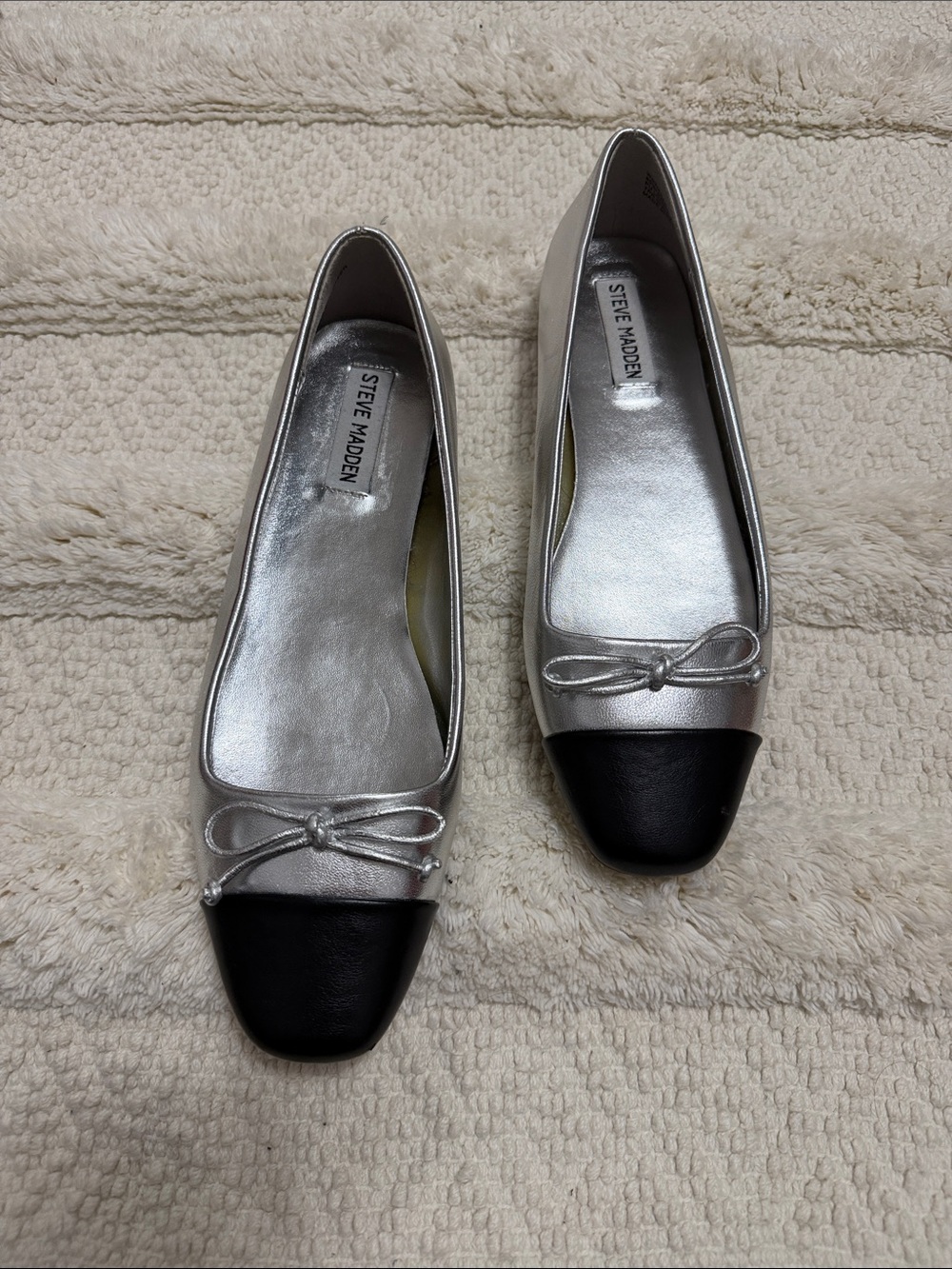 Steve Madden Silver Ballet Flats with Black Cap Toe